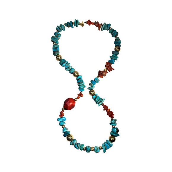 Vintage 26” Red Coral & Turquoise Nugget Necklace with Brass Beads Southwestern - Picture 2 of 9